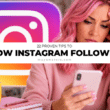 Woman using a smartphone beside the Instagram logo with text about 22 proven tips how to grow Instagram followers.
