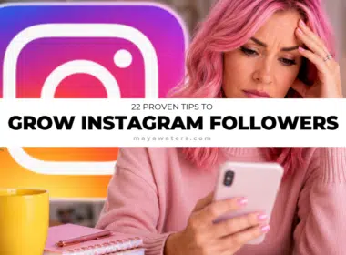 Woman using a smartphone beside the Instagram logo with text about 22 proven tips how to grow Instagram followers.
