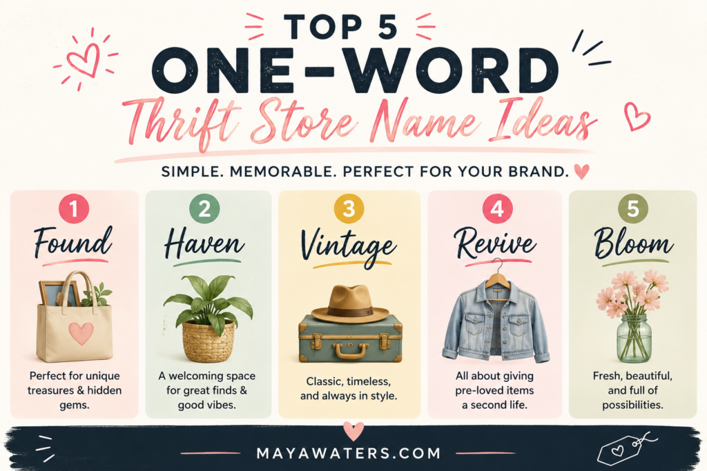 Top five one-word thrift store name ideas including Found, Haven, Vintage, Revive, and Bloom.