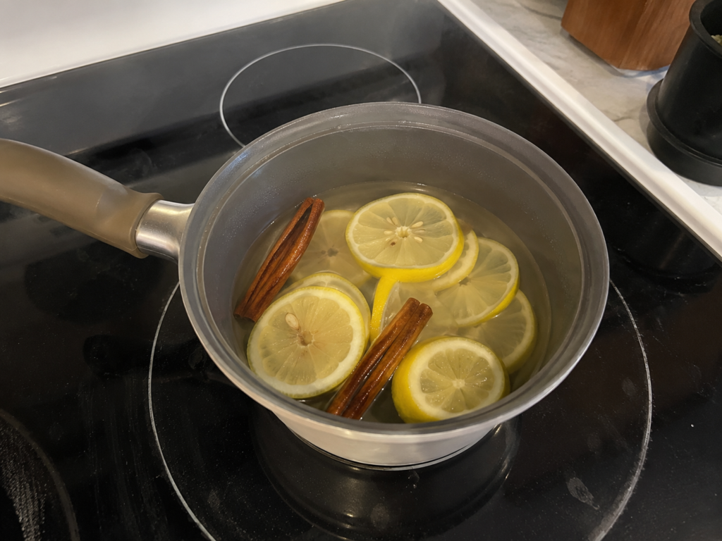Lemon slices and cinnamon sticks simmering in a saucepan