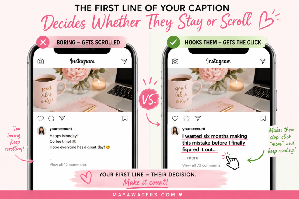 Instagram caption example comparing a boring opening line with an engaging hook that encourages users to keep reading.